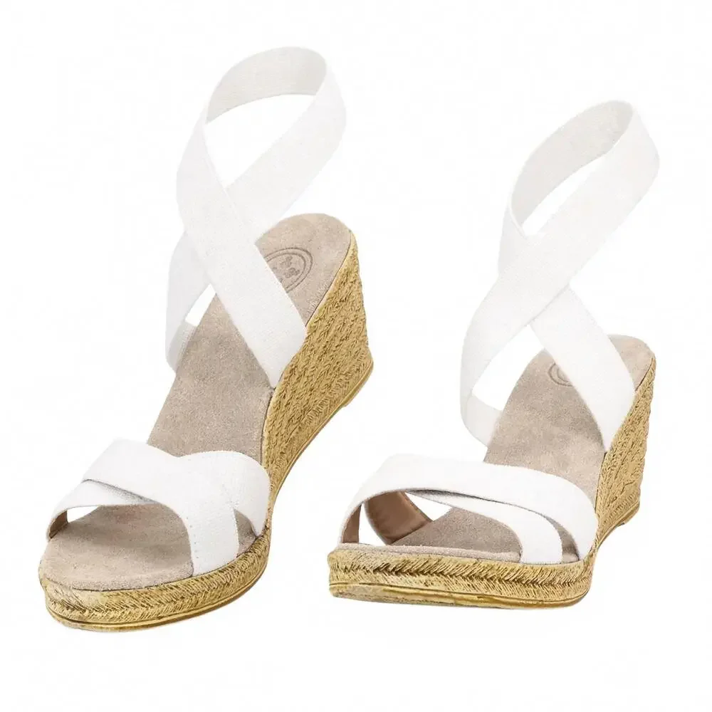 CHARLESTON SHOE CO. White Canvas Espadrille Wedge Sandals with Jute Heel